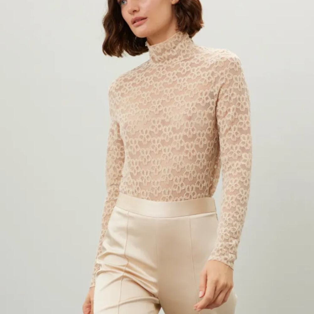 Line & Dot Beige Floral Lace Mockneck Top XS Bodycon Romantic Cocktail Nude $90